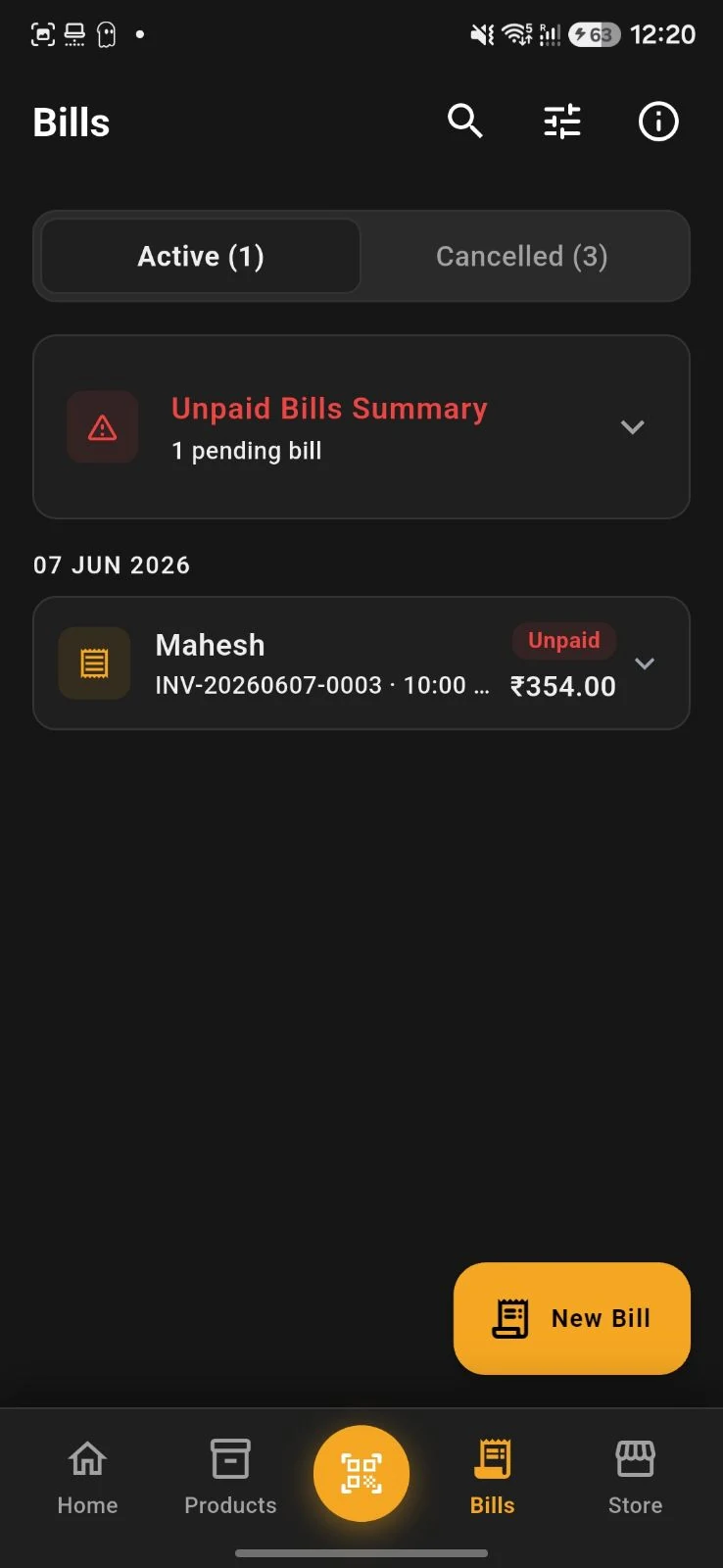 Storely bills screen with active and cancelled tabs, unpaid bill summary and New Bill action