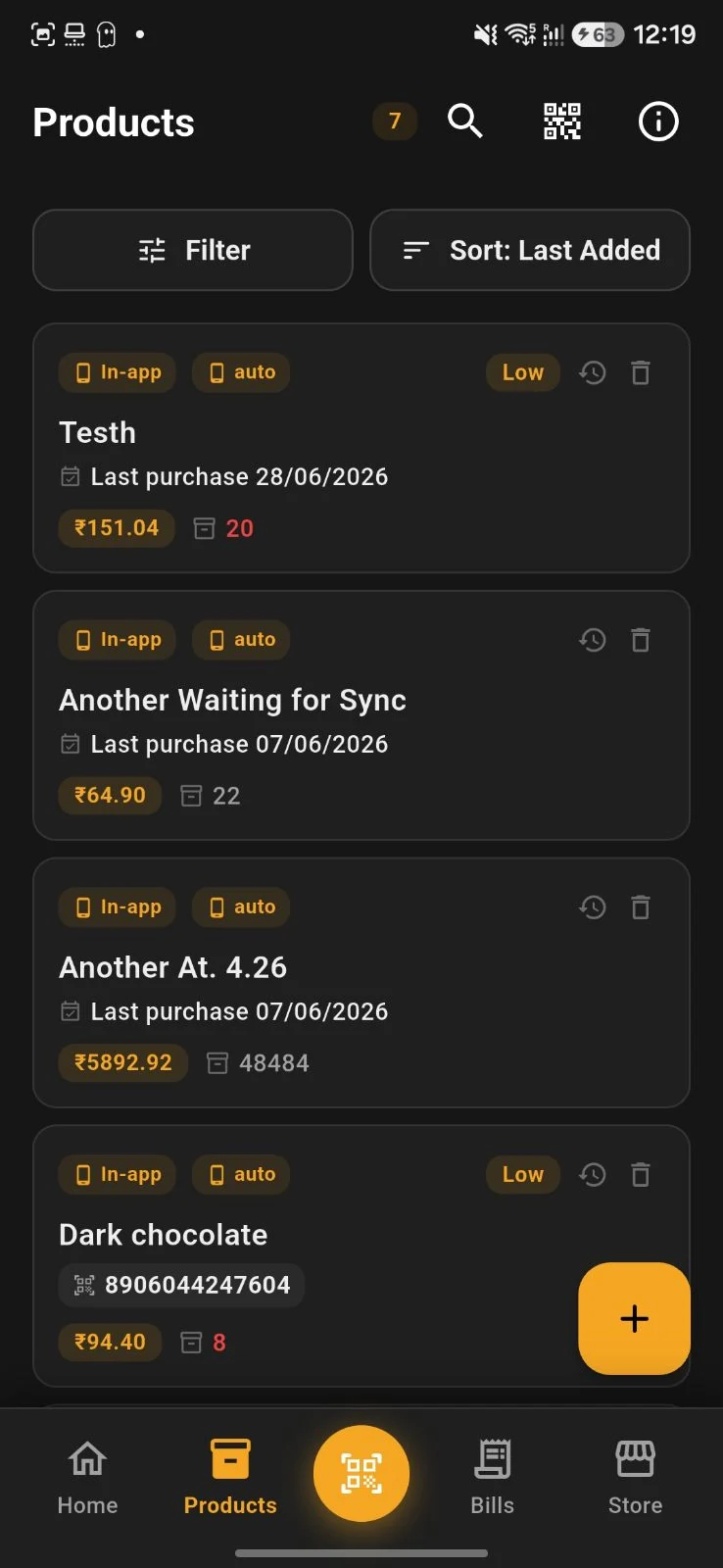 Storely product inventory with search, filters, stock quantities and low-stock indicators