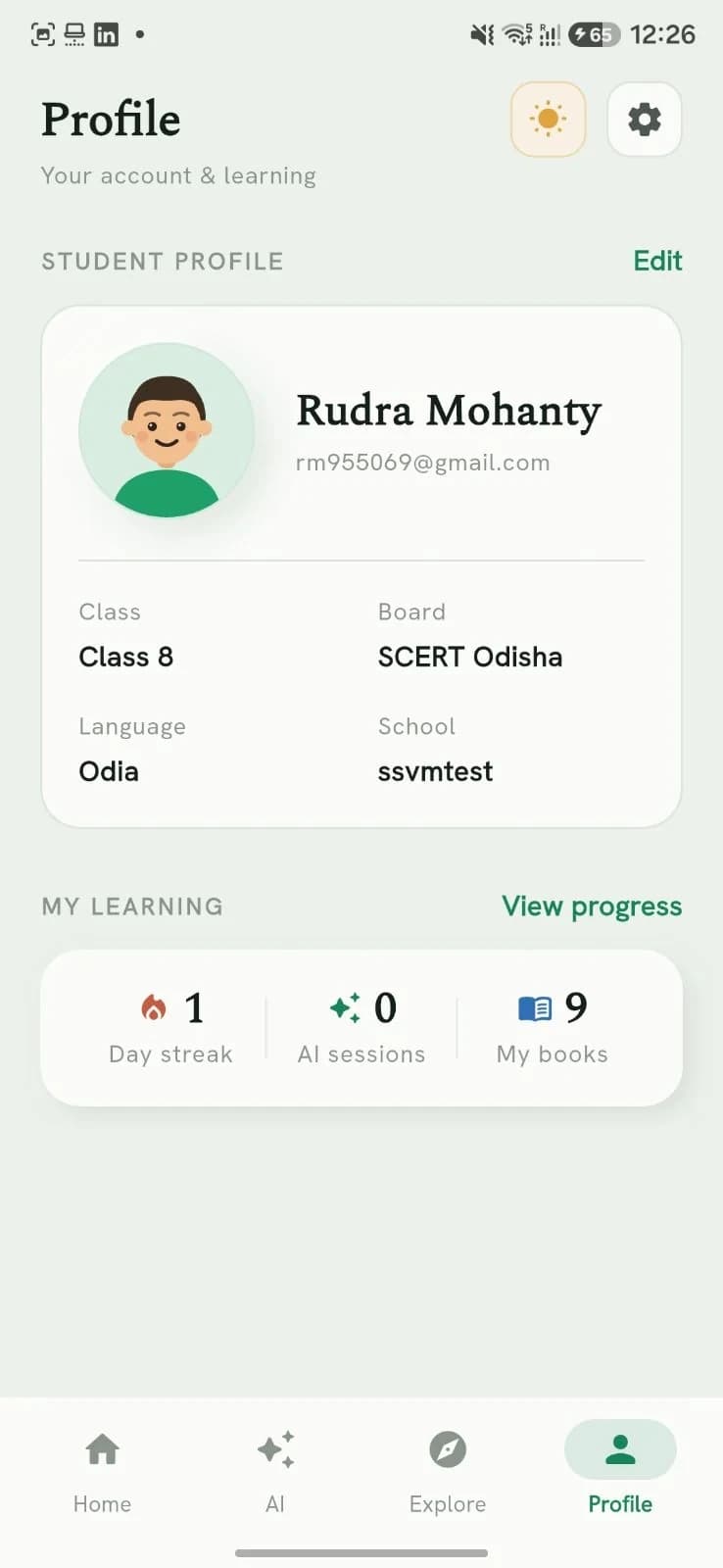 Student profile screen with class, board, language and learning progress