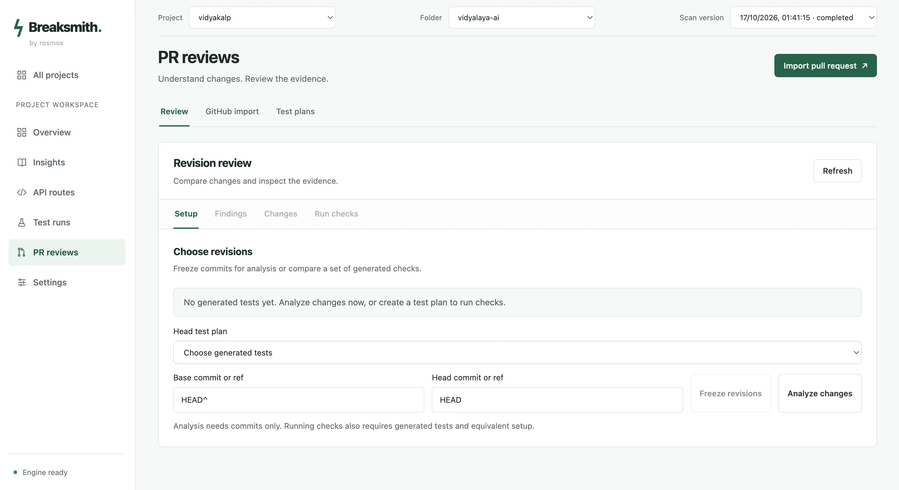 Breaksmith PR review screen for choosing revisions and analysing changes
